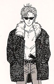 a black and white drawing of a man with sunglasses on his head wearing a coat