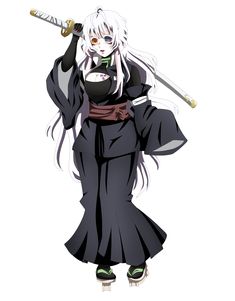 an anime character with white hair and black clothes holding two swords in one hand, while wearing