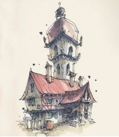 a drawing of a building with a red roof and two towers on top of it