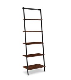 a tall wooden shelf with three shelves on each side