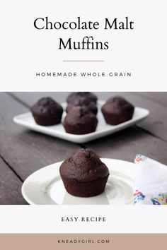 chocolate malt muffins on a white plate