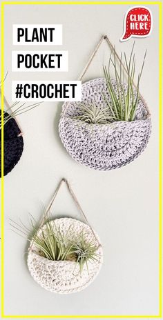 two hanging planters with air plants in them and the text, plant pocket crochet