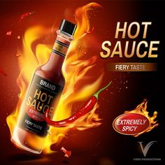 a hot sauce bottle with fire and flames on the background for advertising, brochure or poster