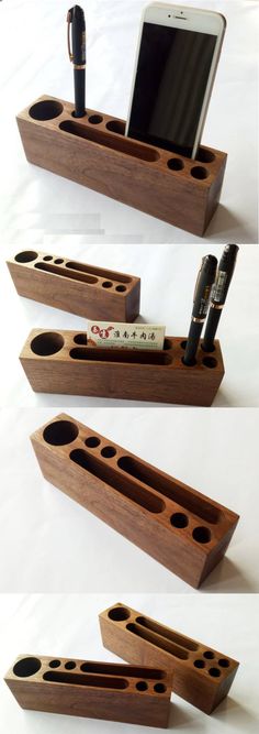 three different angles of a wooden desk organizer with cell phone and pen holder on it