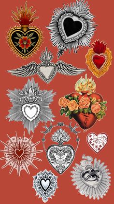 an assortment of heart shaped stickers on a red background