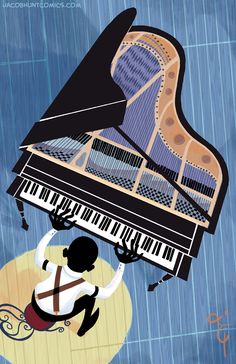 a person sitting at a piano in the rain