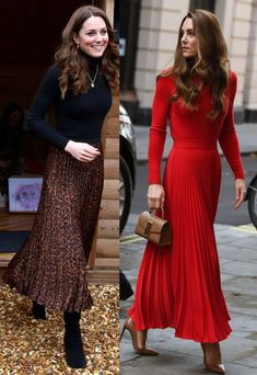 two women in long dresses and one is wearing high heeled shoes, the other has an animal print pleated skirt