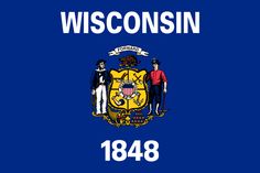 the state flag of wisconsin is shown in blue and has two men standing on it