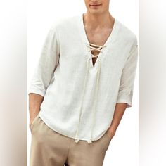 New Mens Or Womans Oversized Casual Fashion Drawstring Solid Color Shirt V Neck Pullover Top Cotton Long Sleeve Tee 50% Cotton 50% Linen Men's Casual Linen Shirts Are Made Of High Quality Cotton And Linen, Which Is Super Soft, Lightweight And Breathable, Keeping You Cool And Relaxed All The Time, Especially In Summer Spring And Autumn. With This Trendy Design, Tie Henley, V-Neck, Drawstring Closure, Short Sleeves, Patch Pockets, This Beach Yoga Tunic Shirt Is Easy To Create A Variety Of Styles, Adidas Shirt Mens, Flamboyant Natural, Black Button Up Shirt, Linen Men, V Neck Pullover, Beach Yoga, Linen Shirts, Oversize Casual, Mens Short Sleeve Shirt