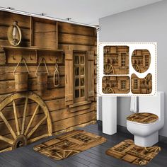 a bathroom with wooden walls and flooring, including a toilet and rugs that have wheels on them