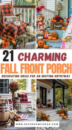 the front porch decorated for fall with pumpkins and other decorations