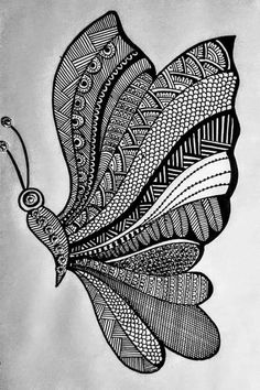 a black and white drawing of a butterfly with intricate designs on it's wings