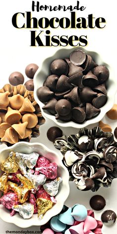 Homemade chocolate kisses in dark chocolate, swirl, wrapped in foil, and in colored pink and blue. Valentines Recipes, Hard Candy Recipes, Hershey Kisses Chocolate, Chocolate Stars, Make Your Own Chocolate, Kisses Candy, Delicious Sweets