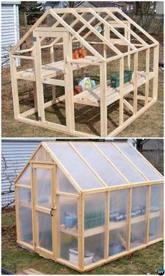 two pictures showing the inside and outside of a small greenhouse with windows on each side