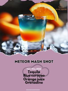 a poster with an orange slice and blue liquid in front of ice cubes on a purple background