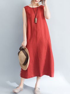 Linen Dress,Red,Cotton,A-line,Sleeveless,Embroidered,Slit,Crew Neck,Summer,Daytime,Daily,Solid,宽松,Mid-weight,Non-stretchy,Casual,Linen,Plus Size Stil Boho, Long Tunic, 가을 패션, Boho Casual, Chic Woman, Comfortable Dress, Linen Clothes, Trendy Dresses