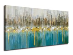 PRICES MAY VARY. 💙Teal Abstract Wall Art Size: 40inx20in(100x50cm) one panel large size painting. It do have hand-painted textured, blue and teal colors create a unique and eye-catching piece that will be sure to draw attention. 💙Teal and Gold Wall Art Feature: Gallery wrapped with environmental friendly wooden bar inner and hooks mounted on each panels, simply assemble for wall decor. 💙Ardemy: High definition superior inject machinery printing on good quality canvas,waterproof,non-fading for Turquoise Office Decor, Turquoise Office, Turquoise Artwork, Art Painting Modern, Abstract Cityscape, Teal Wall Art, Blue Landscape, Hand Painted Textures, Home Office Wall Decor