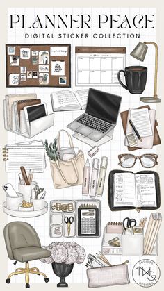 the planner peace digital sticker collection includes office supplies, books, and other items