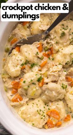 a white bowl filled with chicken and dumplings