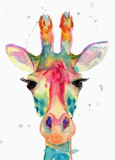 a painting of a giraffe's head with colorful paint splatters on it