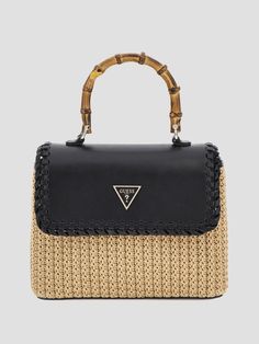 Woven straw crossbody bag Faux-leather trim Shiny gold-tone hardware Enamel signature triangle emblem Signature monogram-printed lining Fold-over flap with magnetic snap closure Bamboo-inspired top handle. Chain and faux-leather shoulder strap included. Guess Aviana Bag, Crossbody Guess, Guess Handbags, Monogram Prints, Women Accessories Bags, Leather Trim, Lifestyle Brands, Snap Closure, Mini Bag