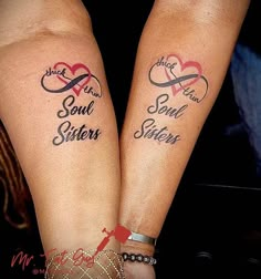 two people with tattoos on their legs that say, we are the same soul sister and son