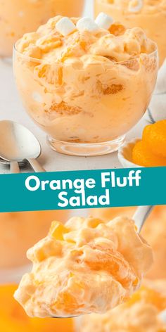 orange fluff salad in a glass bowl with spoons