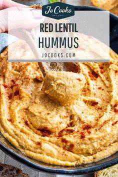 red lentil hummus in a cast iron skillet with text overlay that reads, how to cook red lentil hummus