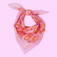 A pinkish-purple and orange bandana with an orange floral print. Orange Bandana, Scarf Hair, Silk Headband, Purple And Orange, Scarf Headband, Face Covering, Neck Scarf, Face Coverings, Neck Scarves