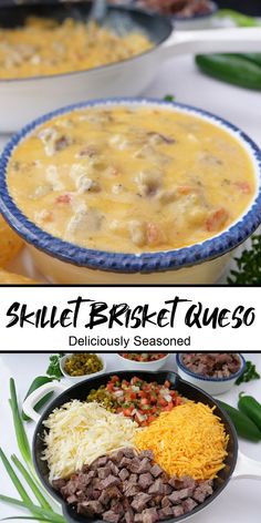 A double collage photo of skillet brisket queso. Brisket Queso, Queso Dip Recipes, Brisket Recipe, Brisket Chili, Queso Recipe, Brisket Recipes, Queso Dip, American Cheese