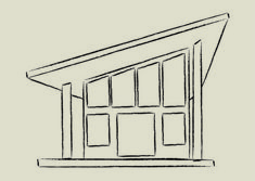 a drawing of a small building with windows