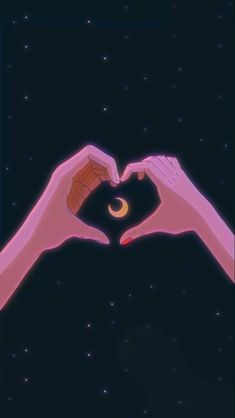 two hands making a heart shape with the moon and stars in the sky behind them