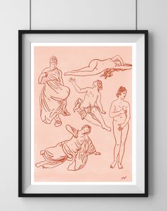 an art print with nude women and men in pink, on a wall above a black frame