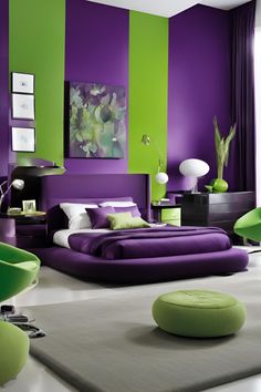 a bedroom with purple and green walls, white carpeting and a large bed in the middle