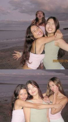 two girls hugging each other on the beach at night and one girl has her arms around another woman