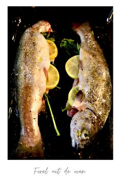 two fish with lemon slices and herbs on them