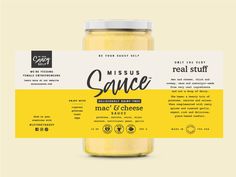 the label for missus sauce is shown in front of a yellow and white background