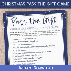 a christmas pass the gift game with text overlaying it and an image of a blue