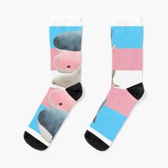 Super soft all-over printed knit socks with extra cushioning in the sole. Suitable for men and women. Blåhaj, which translates simply as "blue shark" in English, is an IKEA plushy shark. The shark quickly became popular with trans people, becoming a trans icon, found online alongside pride flags, trans memes, and LGBTQ+ positive posts. Trans Shark, Trans Flag, Trans People, Blue Shark, White Socks, White Sock, Pride Flags, Knit Socks, Socks For Sale