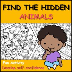 a book cover with an image of a child in front of a coloring page and the words, find the hidden animals