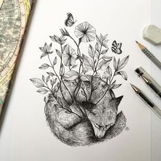 a drawing of a fox surrounded by flowers