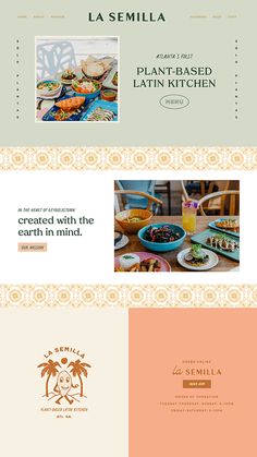 the website for la semilla is shown in orange and green colors, with an image of a plate of food on it