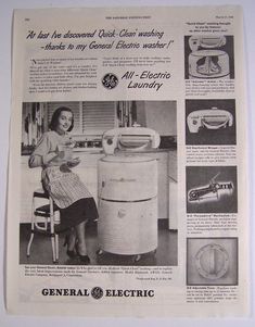 an old advertisement for general electric washing machine with woman sitting in chair next to it