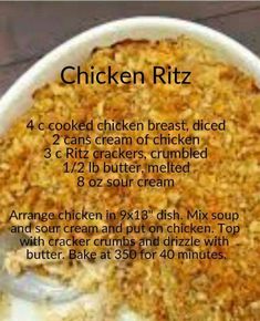 the ingredients for chicken ritz in a white bowl on a wooden table with text above it