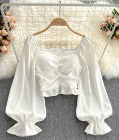 Design High Waist Retro Shirt Top White Top Fancy, Fancy Top Outfits, Unique Tops For Women Fashion, Elegant Long Sleeve Chiffon Shirt, Chic Chiffon Blouse For Day Out, Chic Long Sleeve Chiffon Blouse, Fitted Chiffon Tops For Work, Long Sleeve Chiffon Shirt For Summer, Feminine Chiffon Tops For Fall