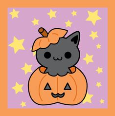 a black cat sitting on top of a jack - o'- lantern with stars in the background