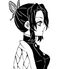 a black and white drawing of a woman with a butterfly on her head, looking to the side