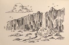 a black and white drawing of mountains with trees in the foreground, birds flying over them