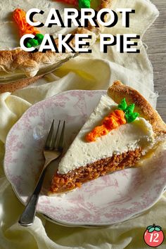 a piece of carrot cake pie on a plate with a fork and napkin next to it