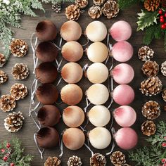 an assortment of different colored eggs and pine cones